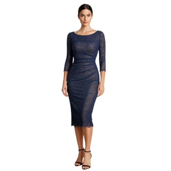 Reiss Dark Blue Sheer Lace Underlay Ruched Bodycon Midi Dress - Picture 1 of 13